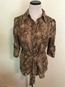 New York And Company Animal Print Belted Shirt  Button Down Blouse Top Medium - Picture 1 of 5