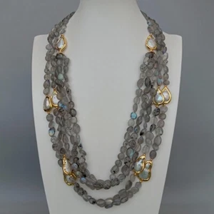 24" Natural Gray Labradorite Cultured Teardrop Pearl Necklace Female Jewelry - Picture 1 of 6
