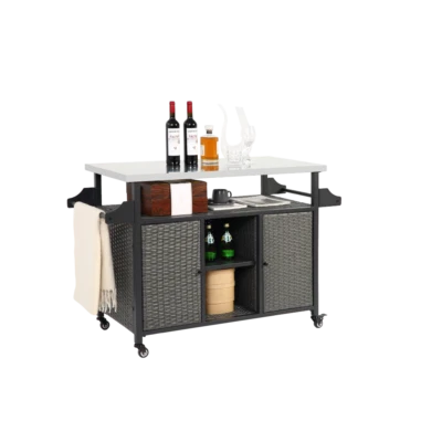 Large Bar Cart Outdoor Kitchen Wicker Island Rolling Cart & Storage Cabinet Grey - Image 1 of 4