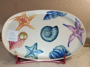 SIGRID OLSEN Bamboo Fiber Coastal Seashell Starfish Platter Tray 18.5” x 11.25" - Picture 1 of 9