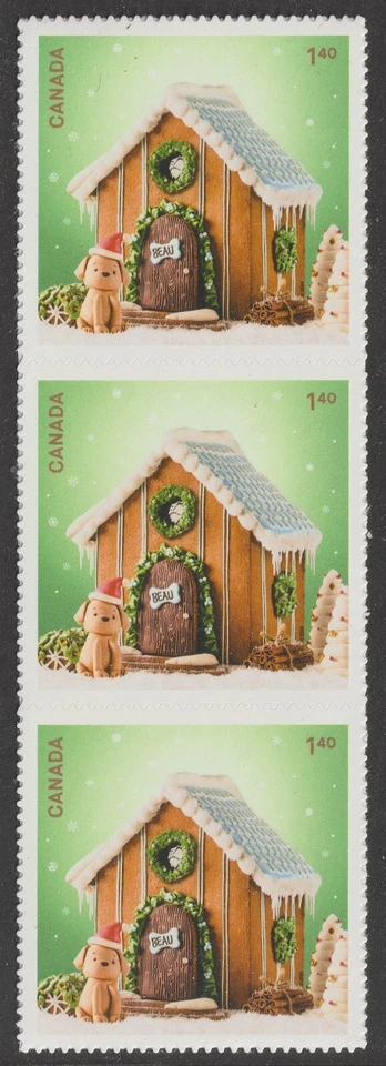 Canadá 3469 Casas de vacaciones de pan de jengibre casa para perros $1,40 tira vertical 3 MNH 2024 Foto 1 de 1