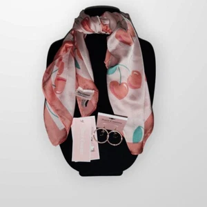 JUICY COUTURE Scarf Earrings Bundle Set Satin Cherry Hearts Logo Pink 36x36" - Picture 1 of 12