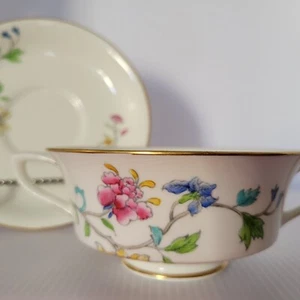 Royal Worcester English Hampton Court Double Handled Cream Soup Cup Bowl Saucer - Picture 1 of 10