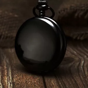 Retro Black Smooth Case Steampunk Analog Quartz Pocket Watch Necklace Chain - Picture 1 of 10