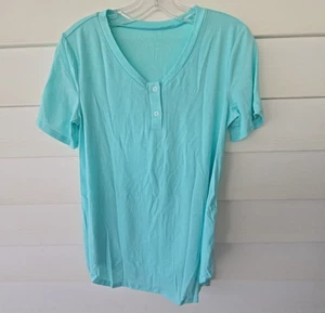 Women's T Shirt Top??Short Sleeve Buttons Front Stretch Basic Green - Picture 1 of 7
