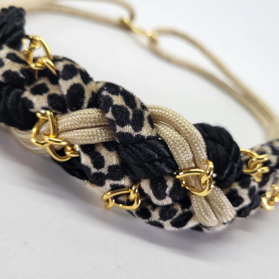 Cinto de cintura elástica 30 32 P M estampa de chita tom dourado corda de corrente de metal bege vintage - Imagem 1 de 4