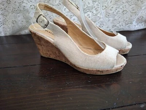 City Classified Alina Beige Slingback Cork Wedge Sandal/Pre-owned, Sz. 7 - Picture 1 of 10