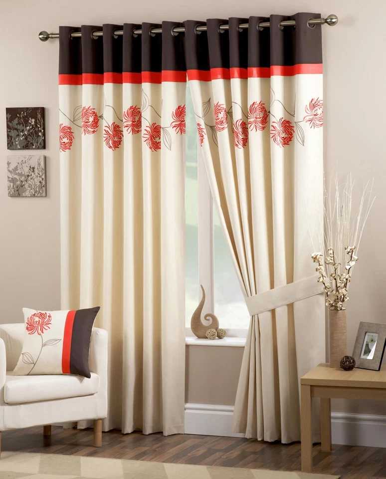 PANDORA FLORAL 46 X 90 READY MADE LINED EYELET CURTAINS CREAM SPICE CHOCOLATE - Image 1 of 1