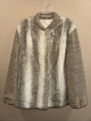 Vintage D'Esprit Faux Fur & Knit Coat Jacket Brown Tan Cream Womens - Image 1 of 4