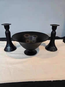 Vintage Black Satin Glass Console Set – Silver Overlay Bowl & Candlesticks - Picture 1 of 12