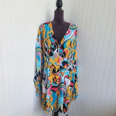 Mameluco Ashley Stewart Colorido Geo Remolino Cuello en V Dividido Manga Larga Plus Cuello en V 24 Foto 1 de 4