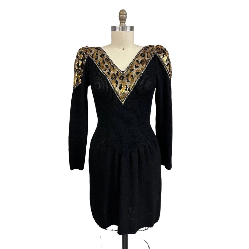 Vestido Pat Sandler De Colección Años 80 Negro Tejido Movible Cuentas Lentejuelas Leopardo Panel Mob Esposa Foto 1 de 4