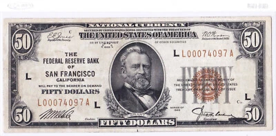 1929 $50 SAN FRANCISCO California CA Federal Reserve Bank FRB National Currency - Image 1 of 2
