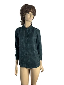 NWT EILEEN FISHER BLACK SILK W/ SAGA GREEN PRINT BUUTON UP BLOUSE -TOP SIZE XXS - Picture 1 of 9