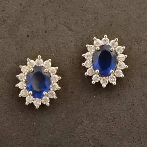 Minimalistische Ohrstecker 14 Karat Gold Finish Silber oval blauer Saphir Zirkon Stein - Bild 1 von 2