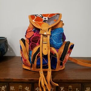 Embroidered Orange Flower Mini Leather Backpack Leather Purple Buckle Bag