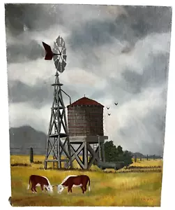 Original Acryl Gemälde auf Leinwand signiert von I. Mcody Kühe Weide Windmühle - Bild 1 von 9