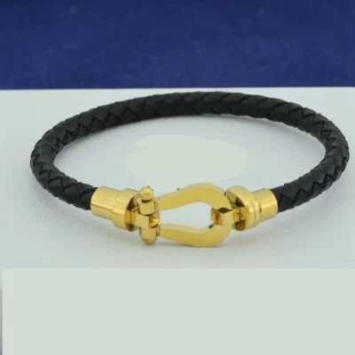 Hombre,Acero Inoxidable Plata 7.5" Negro Trenzado.Pulsera Cuero Chapado en Oro CAJA Foto 1 de 4