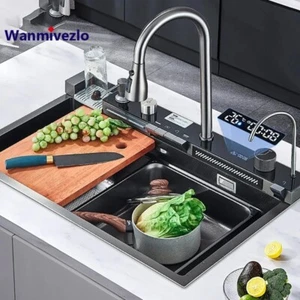 Stainless Steel Smart Waterfall Kitchen Sink Single Bowl Digital Display - Picture 1 of 9