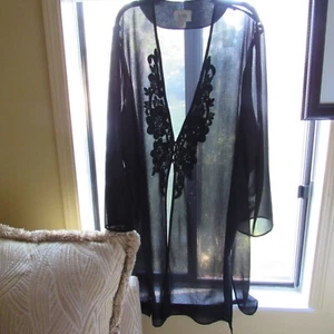 Long Swim Cover Duster Jacket Vtg Black Rhinestones Battenburg Lace Sheer 3x 4x - Picture 1 of 22
