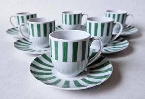 Guy Degrenne Espresso Demitasse Cups & Saucers Green Stripe Porcelain Set Of 6 - Picture 1 of 9