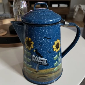 Vintage Enamelware Blue Speckled Coffee Pot folk Art Painted Fall Sunflower Crow - Picture 1 of 14