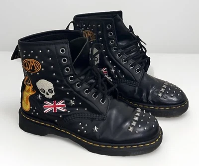 Dr Martens 1460 Rock N Roll Embellished Black Boots Patches US Men’s 8 Women 9 - Image 1 of 4