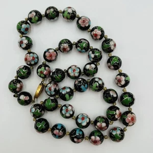 VINTAGE BLACK KNOTTED CLOISONNE MULTICOLOR FLOWER ENAMEL BEAD NECKLACE 24” CLASP - Picture 1 of 13