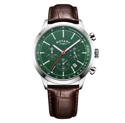 ROTARY MENS GREEN DIAL RICH BROWN LEATHER STRAP WATCH , BRAND NEW WITH TAGS, - Image 1 of 2
