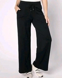 Denim & Co. French Terry Wide Leg Pull On Trousers, Black, UK S - Picture 1 of 7