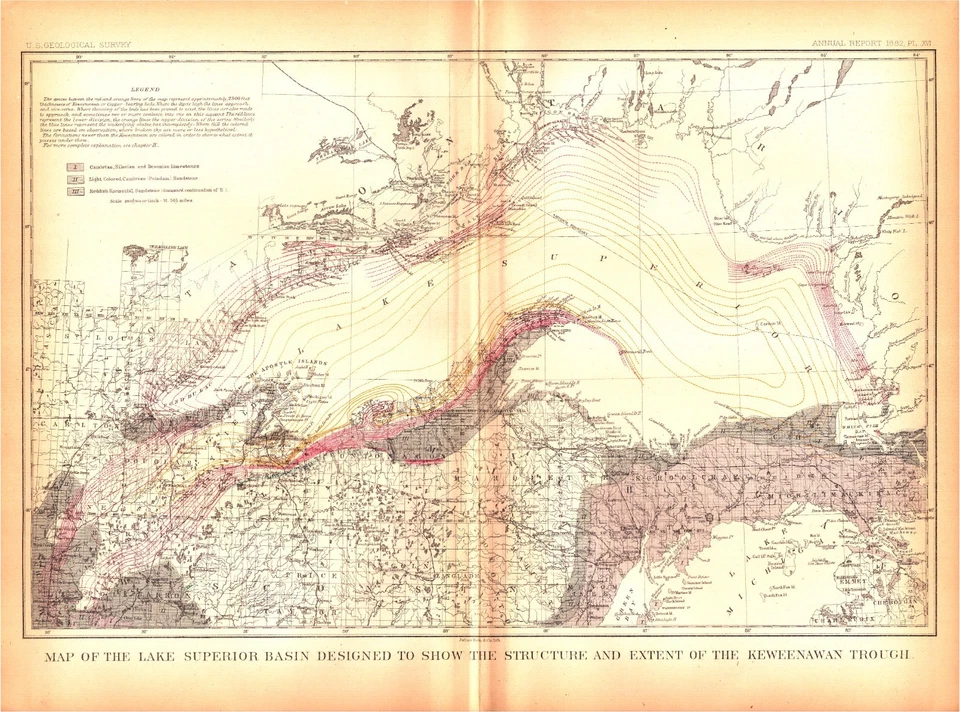 1883 Antique Lake Superior Geology Map-Keweenawan Trough – Mich/ Wis/ Minn - Image 1 of 1