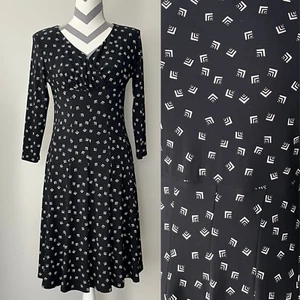 Lauren Ralph Lauren Dress 6P Black White Geometric Print Pleated A Line V Neck - Picture 1 of 10