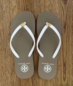 TORY BURCH Flip Flops 7 Tan White Flats Thin Strap Sandals - Picture 1 of 4