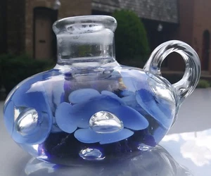 Vintage Joe St. Clair Glas Kerzenhalter Briefbeschwerer blau & kobaltblau Blumen - Bild 1 von 12