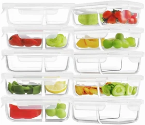 10 Pack 24Oz Glass Meal Prep Containers 2 Compartment, Food Storage Containers w - Picture 1 of 7