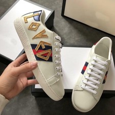 ALL WHITE Letters Lace Up Leather Shoes Men's Popular Sneakers Red+Blue Low Tops