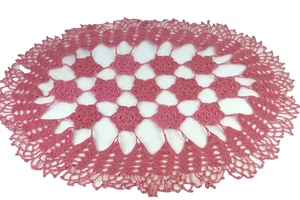 Vintage Starched Crochet Doily Oval Mauve with Flowers 25x18.5" Handmade - Picture 1 of 10