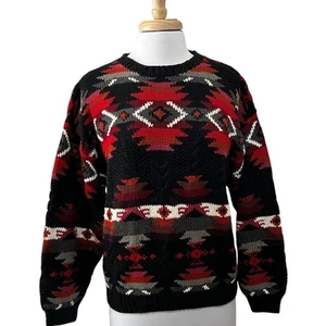 Woolrich Hand Knit Southwest Nordic Sweater Mens M Black & Red - Picture 1 of 7
