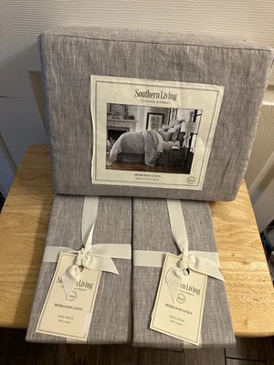 Conjunto de capa de edredom e fronhas Southern Living Heirloom cinza 100% linho King novo com etiquetas 3 peças - Imagem 1 de 3
