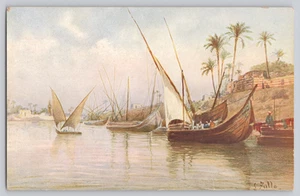 Egyptian River Boats Sailboats Zullo Painting Cairo Postcard Trust - Picture 1 of 3