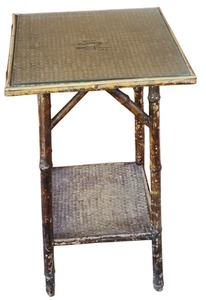 Vintage Bamboo Accent Table – Glass Topper – Bamboo Weave Top – UNIQUE OLD PIECE - Picture 1 of 7