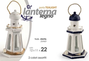 FARO LANTERNA PORTACANDELA MARE TEA LIGHT LEGNO BIANCO BLU ANTIC ASSOR 22 cm - Foto 1 di 3