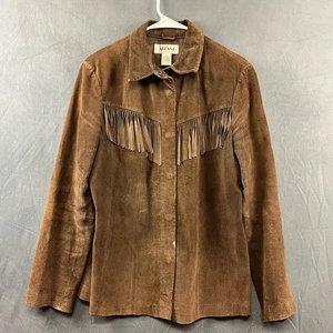 Vintage Alfani Medium Western Suede Shirt Shacket Snap Up Leather Frills Cowboy - Picture 1 of 9