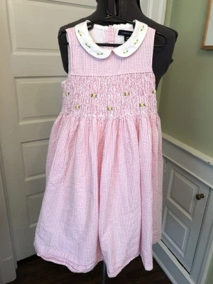 Vestido ajustado Lands' End rosa y blanco a rayas Seersucker, para niña 6X Foto 1 de 4