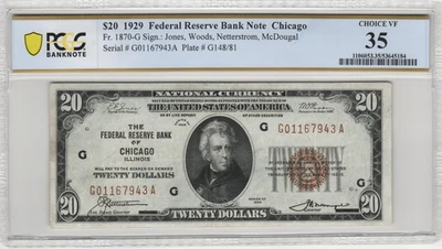 Fr.1870-G 1929 Chicago $20 Federal Reserve Bank Note PCGS Choice Very Fine 35 - Image 1 of 2