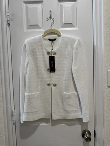 Misook weiße strukturierte Strickjacke XS - Gold & Strass Löwenknöpfe Neu mit Etikett - Bild 1 von 18
