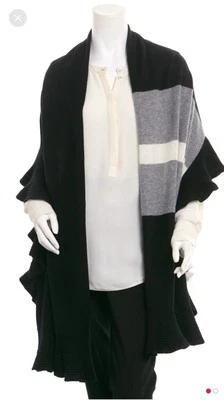NUEVO CON ETIQUETAS $358 Magaschoni 100% Cachemira Negro Blanco Gris Color Bloqueado Mantón con Volantes Foto 1 de 4