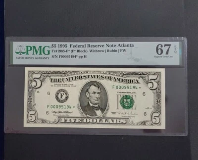 1995 ATLANTA Five 5$ Dollar PMG SUPERB GEM UNC 67 EPQ FRN Replacement/Star 🌟  - Image 1 of 2