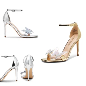Women's Crystal Butterfly Open Square Toe High Heel Sandals with Ankle Strap - Picture 1 of 18