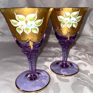 MURANO VENETIAN PURPLE WINE GLASSES 24K TRIM SET OF TWO- THREE SETS AVAIL - Picture 1 of 13
